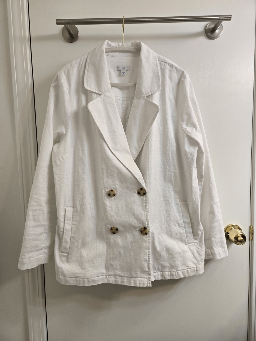 J. Jill White Linen Blend Double Breasted Tortoiseshell Button Blazer Size M